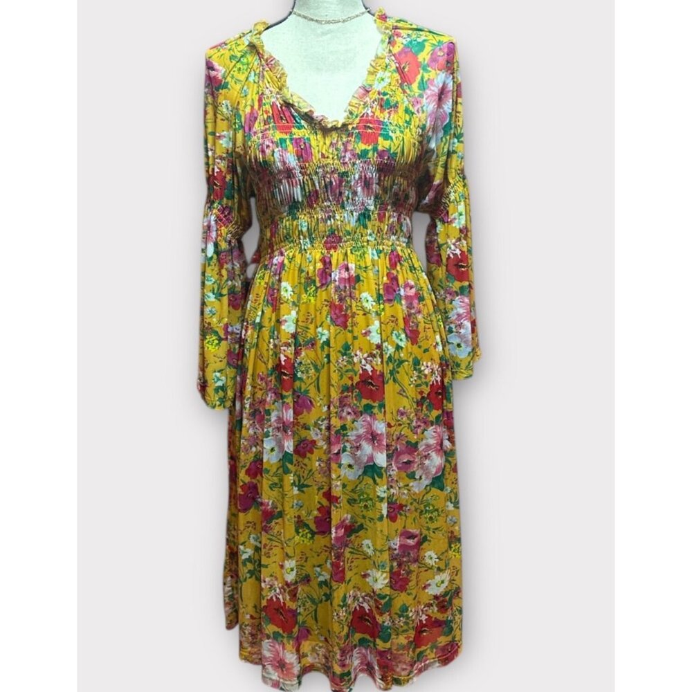 Robert‎ Louis Womens XL Floral Maxi Dress Flowy Smocked Bell Sleeve Feminine